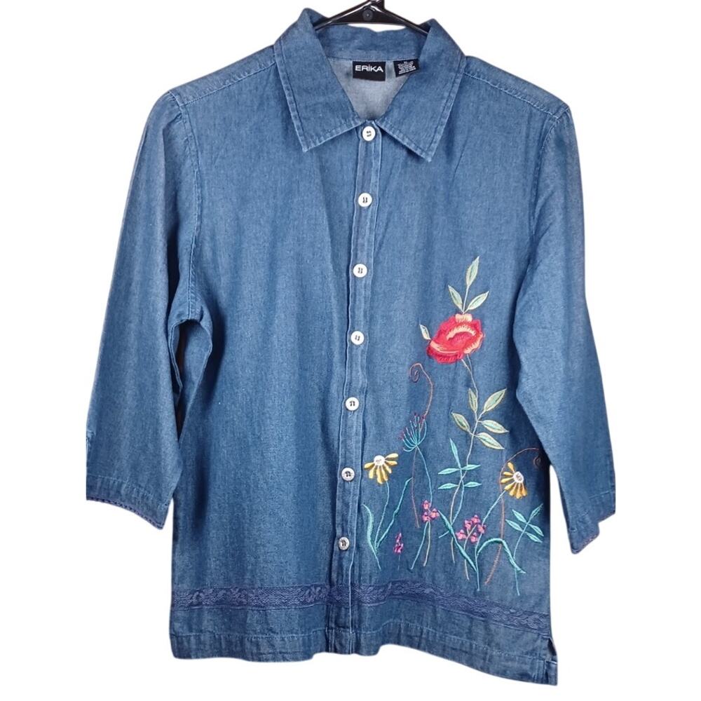 Vintage Erika Women's Medium Embroidered Floral Denim Shirt 3/4 Sleeve Button Up